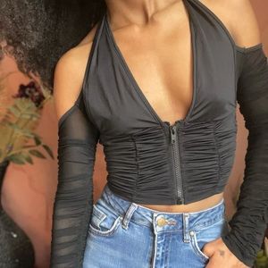 Halter Neck Top Zip Front Ruched Tee